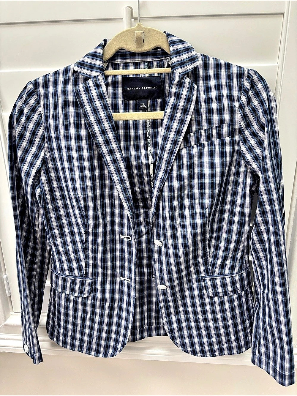 Banana Republic Lightweight Plaid Blazer in Blue, Black & White Size XS Like New